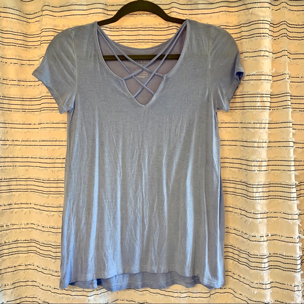 Light Blue American Eagle Criss-Cross Neck Top